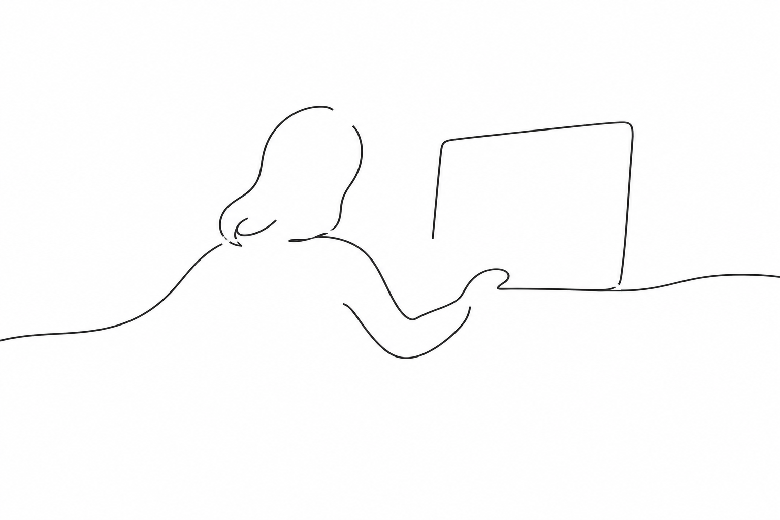 画面に向かう人の背中を、開いた線で描いたドローイング。